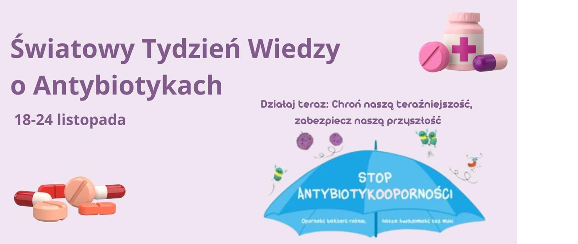 Logo graficzne z napisem światowy tydzień wiedzy o antybiotykach 18-24 listopada