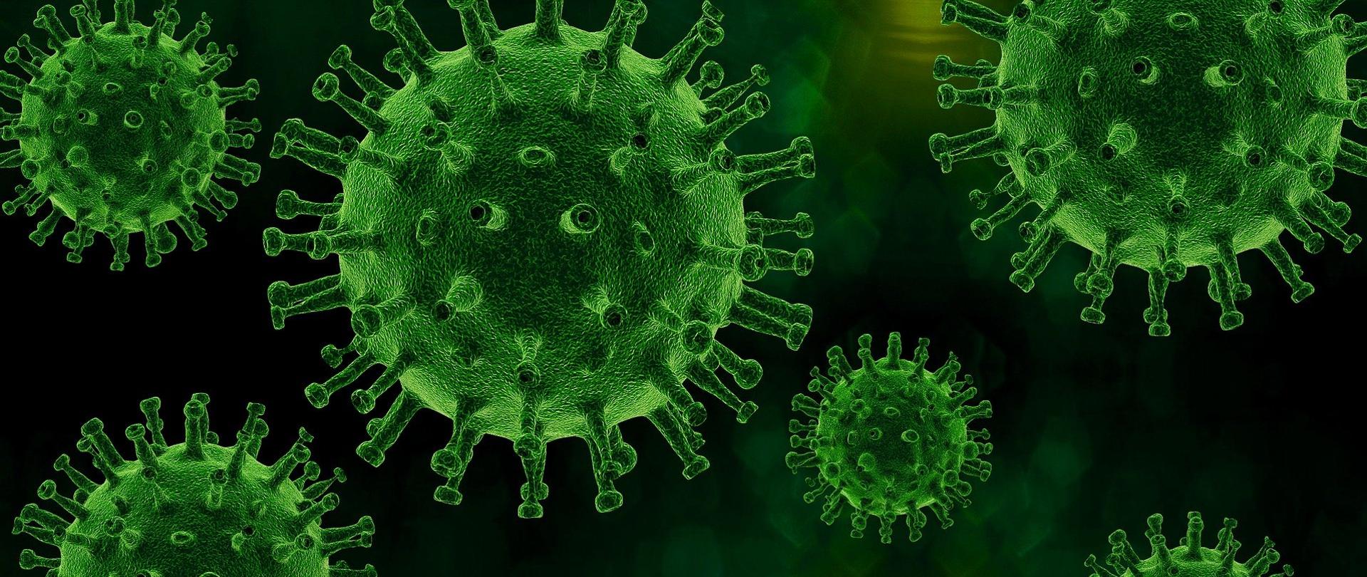Grafika przedstawiająca na ciemnym tle wirusy