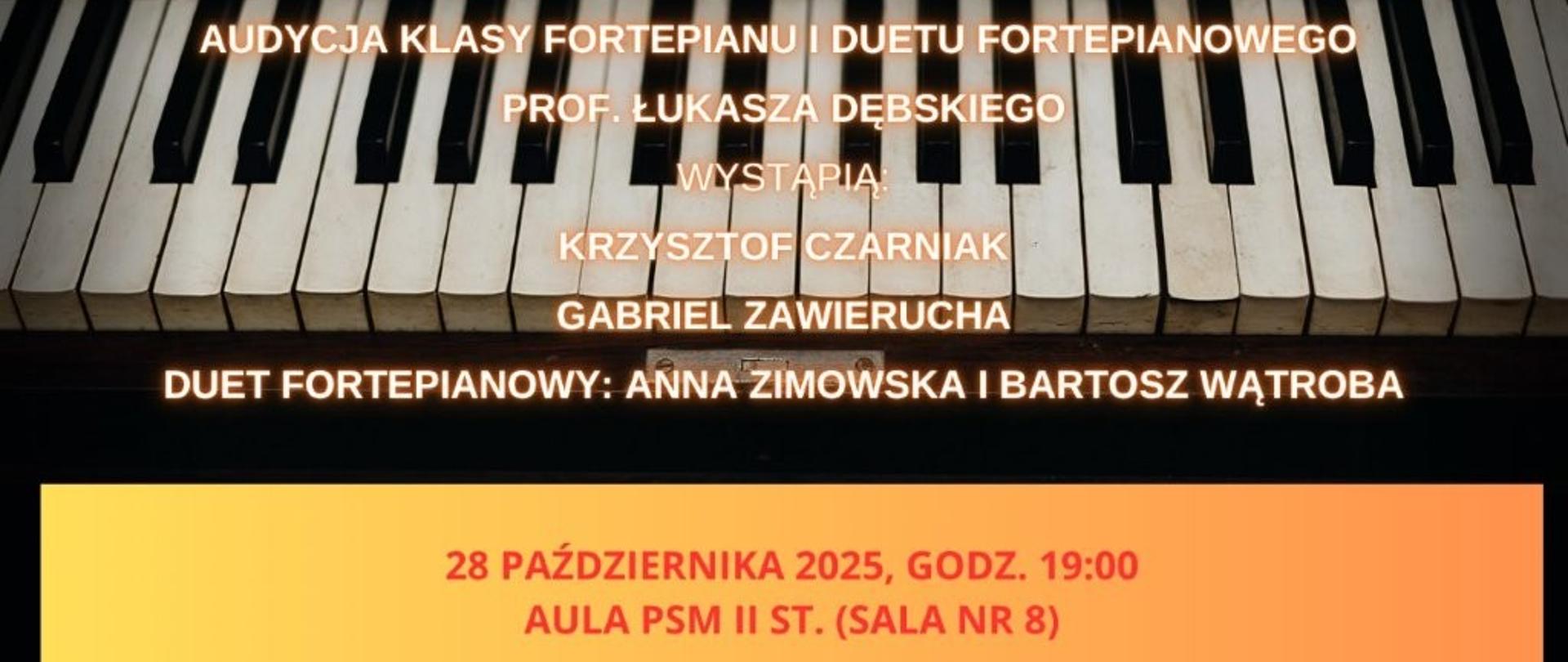 Audycja fortepianowa i duetu fortepianowego 28.10.2025 godz.19.00 grafika klawiatura fortepianu