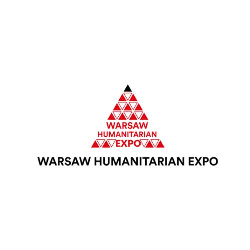  logo Warszawskich Targów Humanitarnych - trójkąty białe i czerwone ułożone w piramidę z podpisem Warsaw Humanitarian Expo