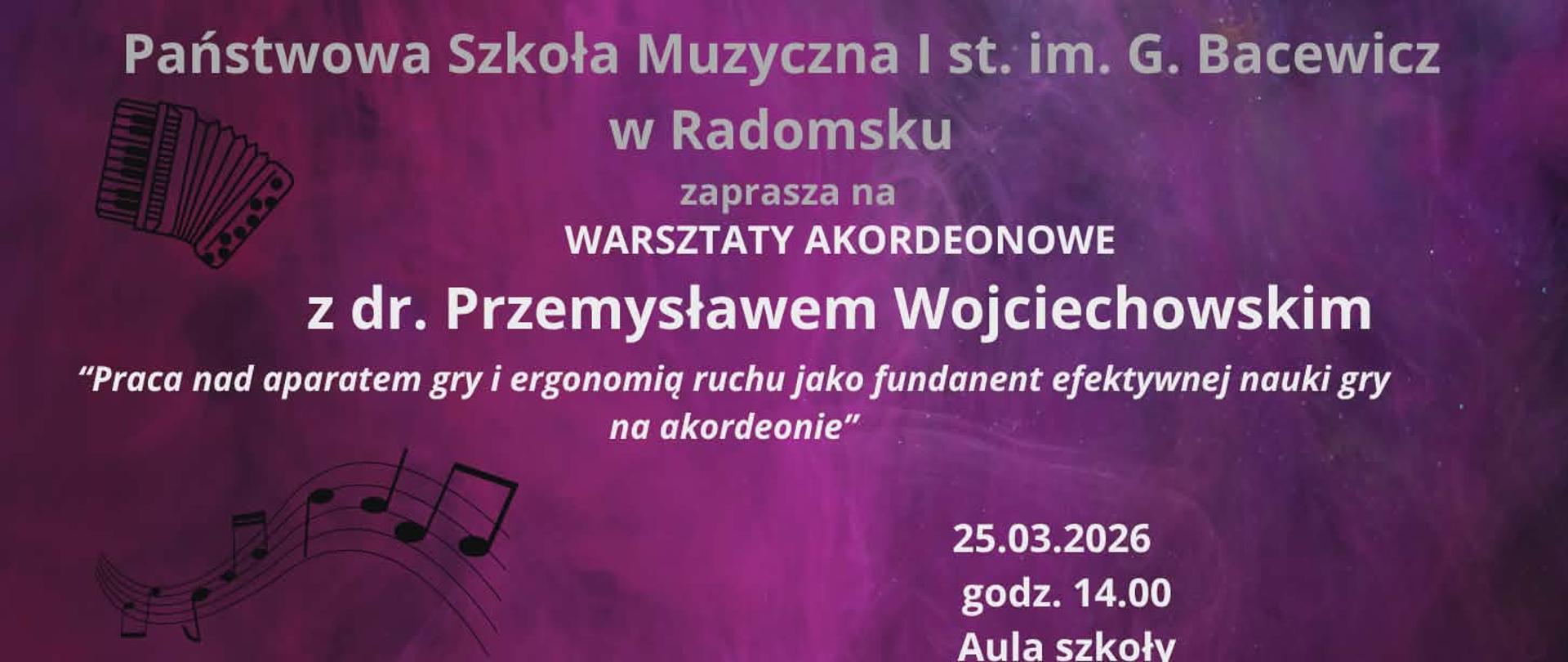 Na fioletowym tle znajdują się napisy informacyjne w kolorze białym oraz grafika pięciolinii, nut i akordeonu w kolorze czarnym.