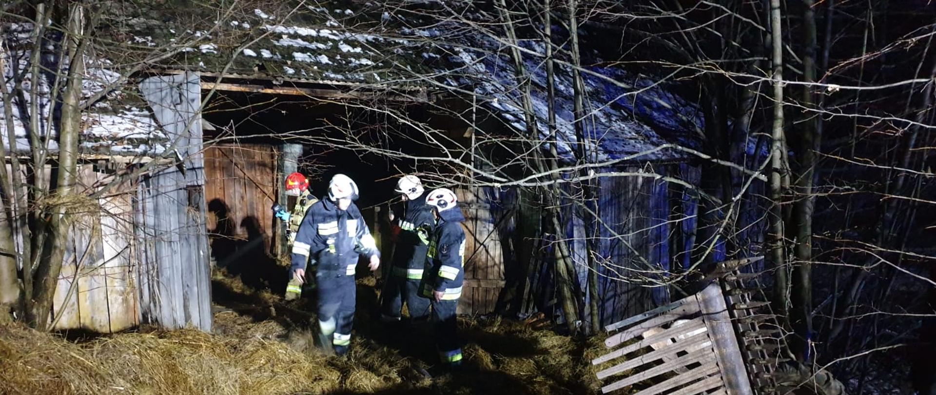 Strażacy obok budynku gospodarczego.