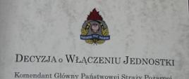 Zdjęcie przedstawia Decyzję wydaną przez Komendanta Głównego PSP o włączeniu OSP do KSRG