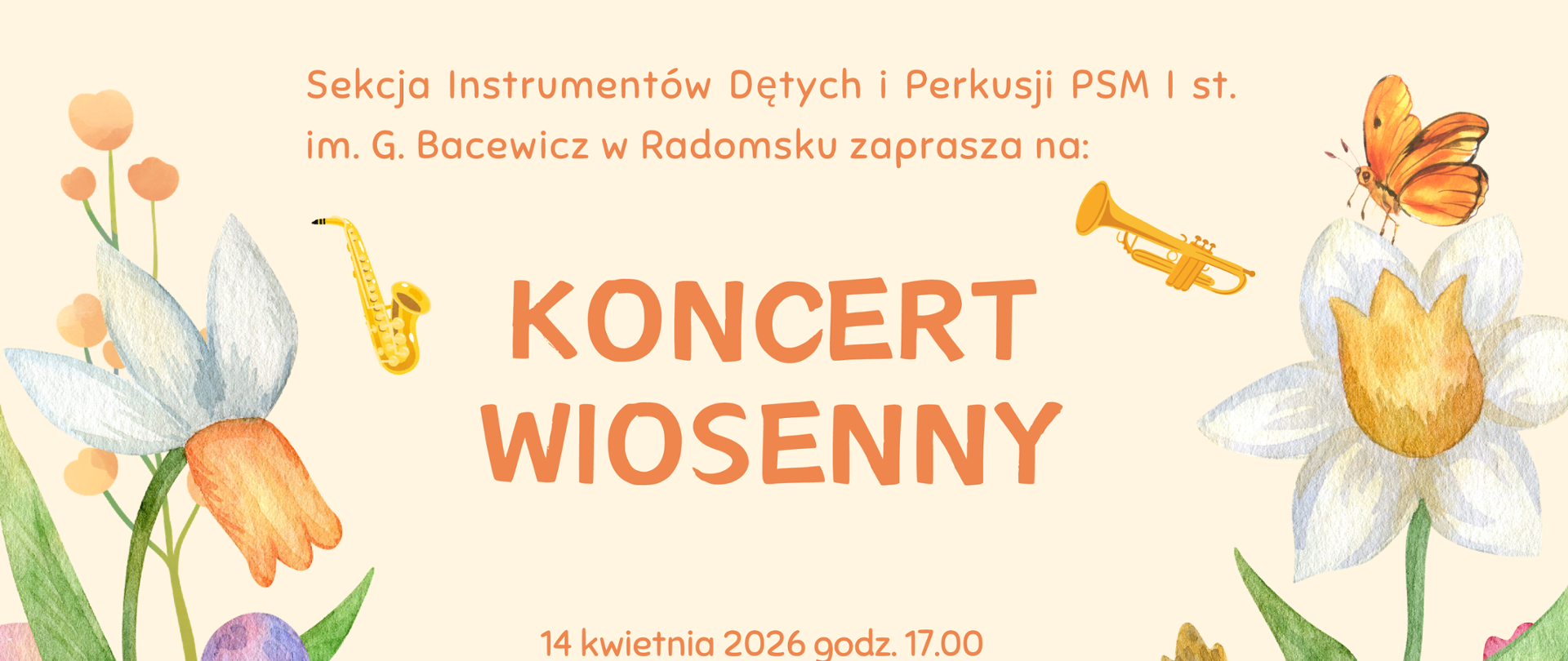 Na tle w kolorze łososiowym znajdują się napisy informacyjne w kolorze ciemnopomarańczowym, grafiki kwaitów w kolorach różowym, granatowym, żółtym, szarym, białym, zielonym, grafiki instrumentów ( marimby w kolorzez brązowym, żółtym, białym), fletu ( w kolorzez szarym), saksofonu ( w kolorze żółtym0, trąbki ( w kolorze ciemnopomarańczowym), motyla w kolorze pomarańczowym i czarnym.