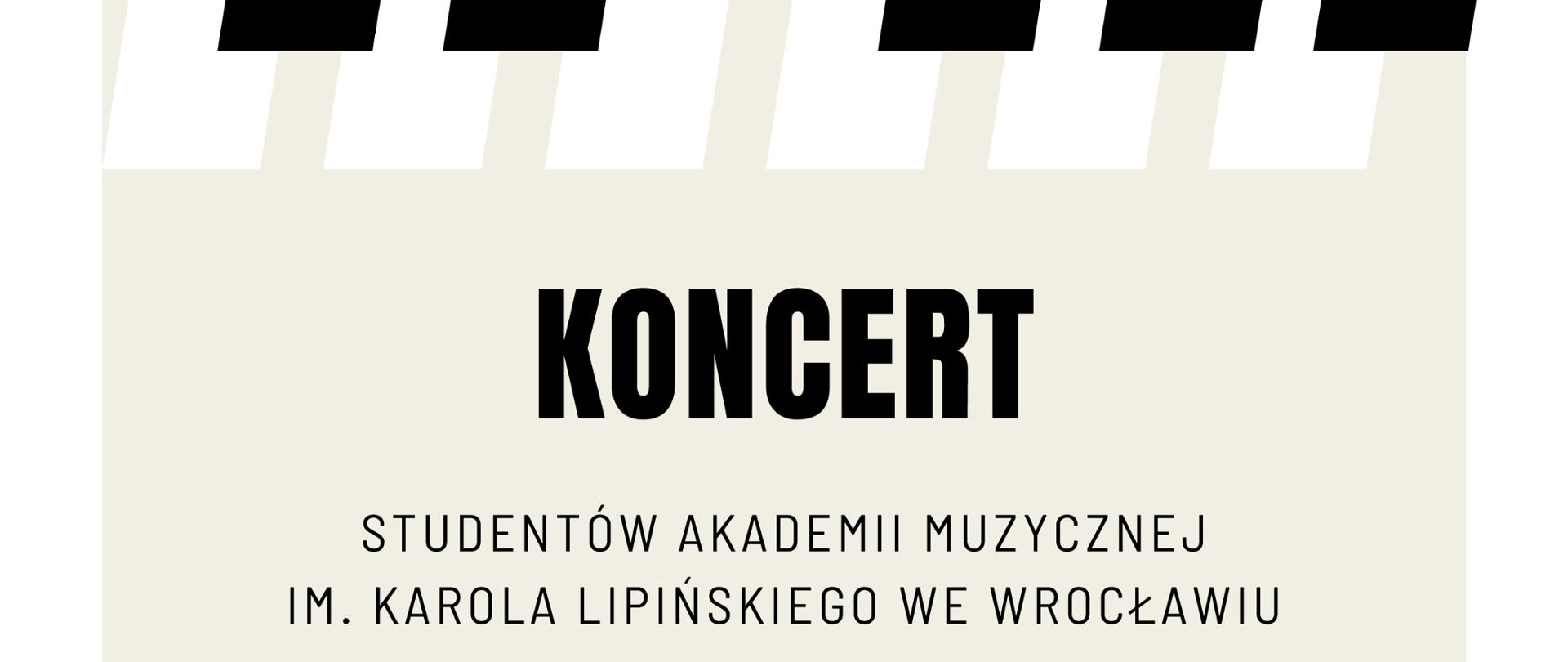 Plakat zapowiadający koncert pianistów – Bartosza Kurdybachy i Franciszka Gąsieńca, studentów Akademii Muzycznej im. Karola Lipińskiego we Wrocławiu. Koncert odbędzie się w czwartek, 29 października 2026 r. o godz. 17.00 w Sali Koncertowej Państwowej Szkoły Muzycznej I stopnia im. Aleksandra Tansmana w Kępnie. Plakat utrzymany jest w minimalistycznej kolorystyce – na jasnym tle widoczna jest stylizowana klawiatura fortepianu, a poniżej informacje o wykonawcach, terminie i miejscu koncertu.