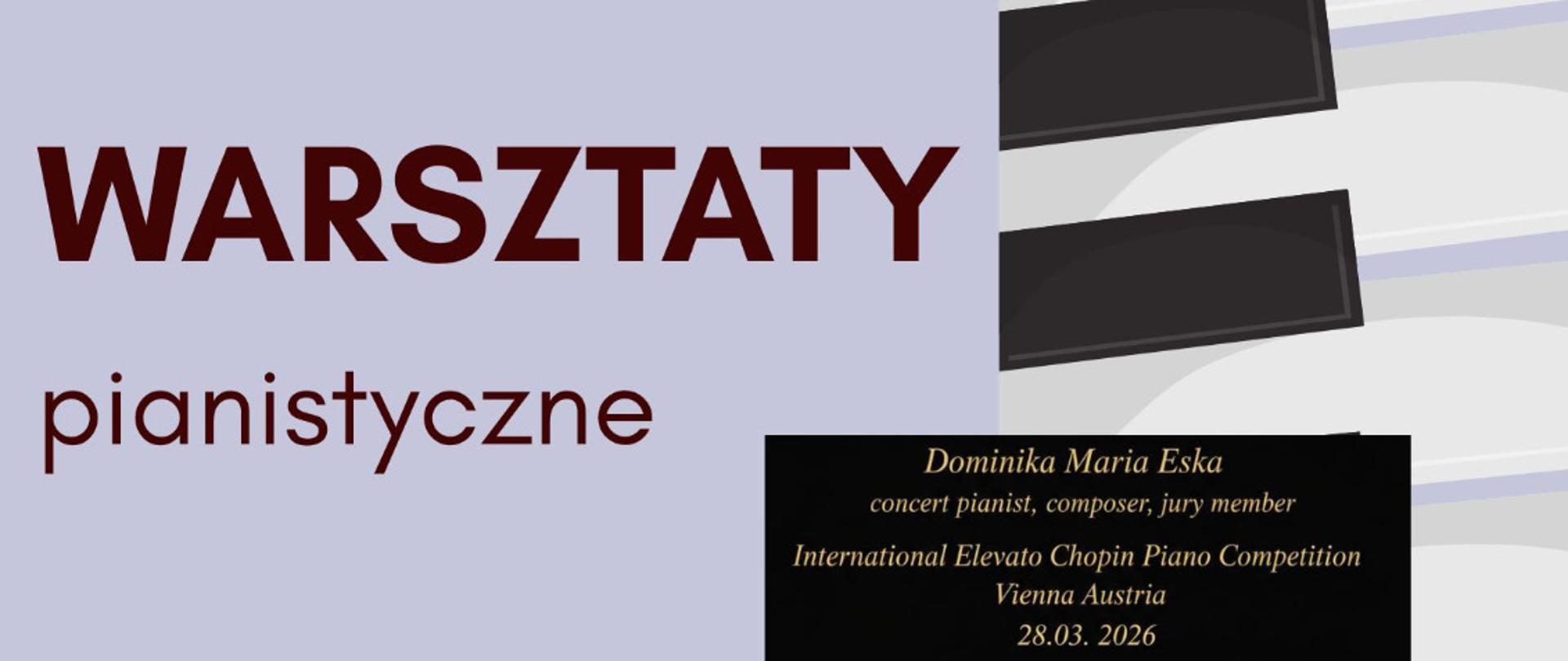 plakat, fioletowe tło, napisy koloru ciemnego, po prawej grafika klawiatury fortepianu , pośrodku zdjęcie Pani. D.M. ESKA