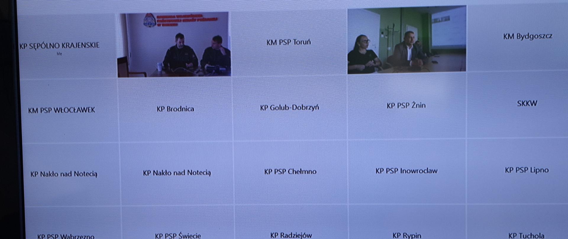zdjęcie przedstawia monitor telewizyjny na którym wyświetlone są nazwy wszystkich komend powiatowych i miejskich województwa kujawsko-pomorskiego biorących udział w szkoleniu - wideokonferencji.