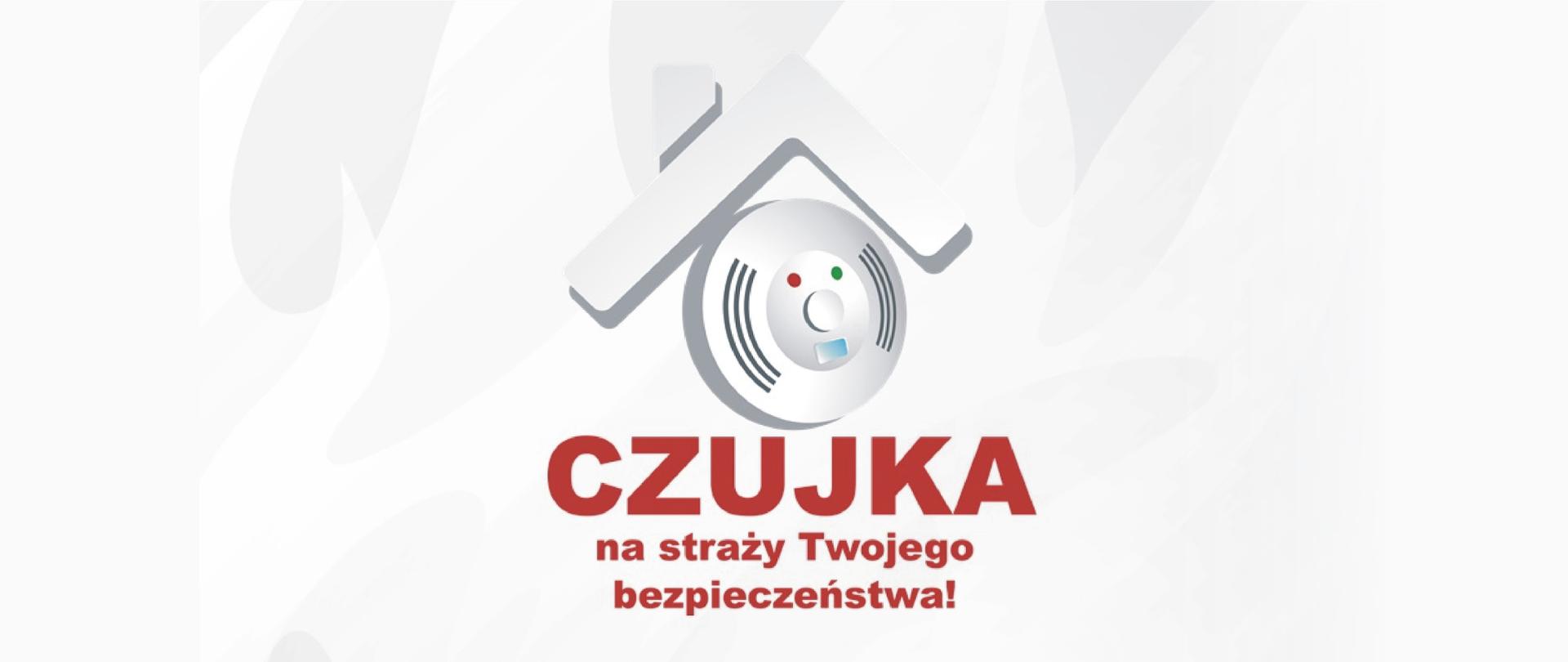 Logo czujki dymu i czerwone napisy na białym tle.