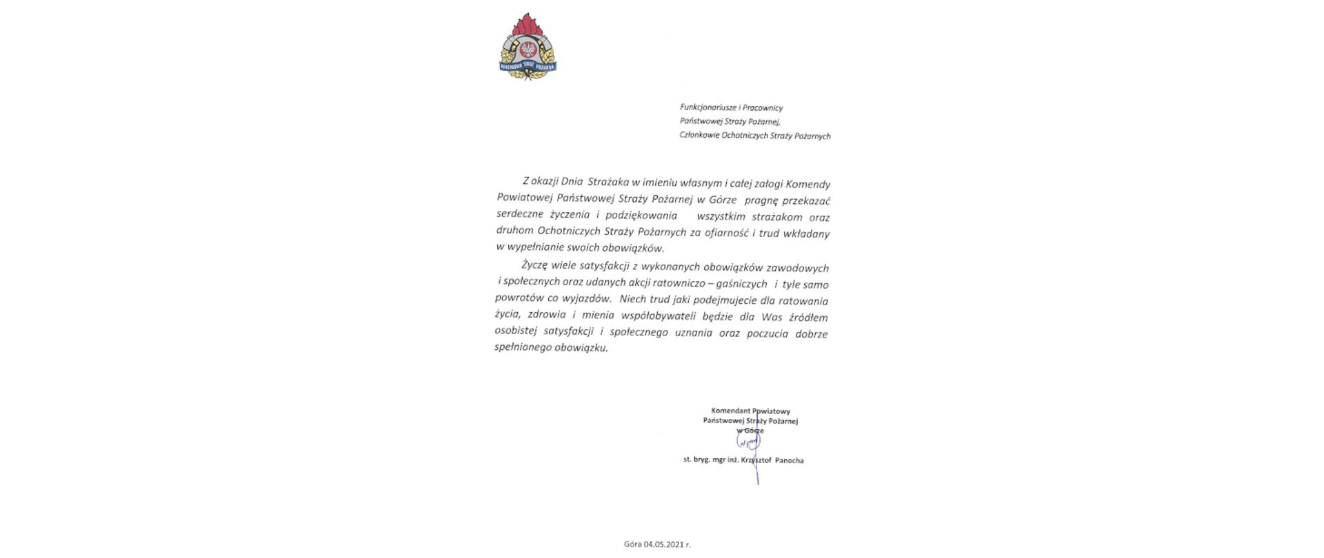 Życzenia KP PSP w Górze z okazji Dnia Strażaka