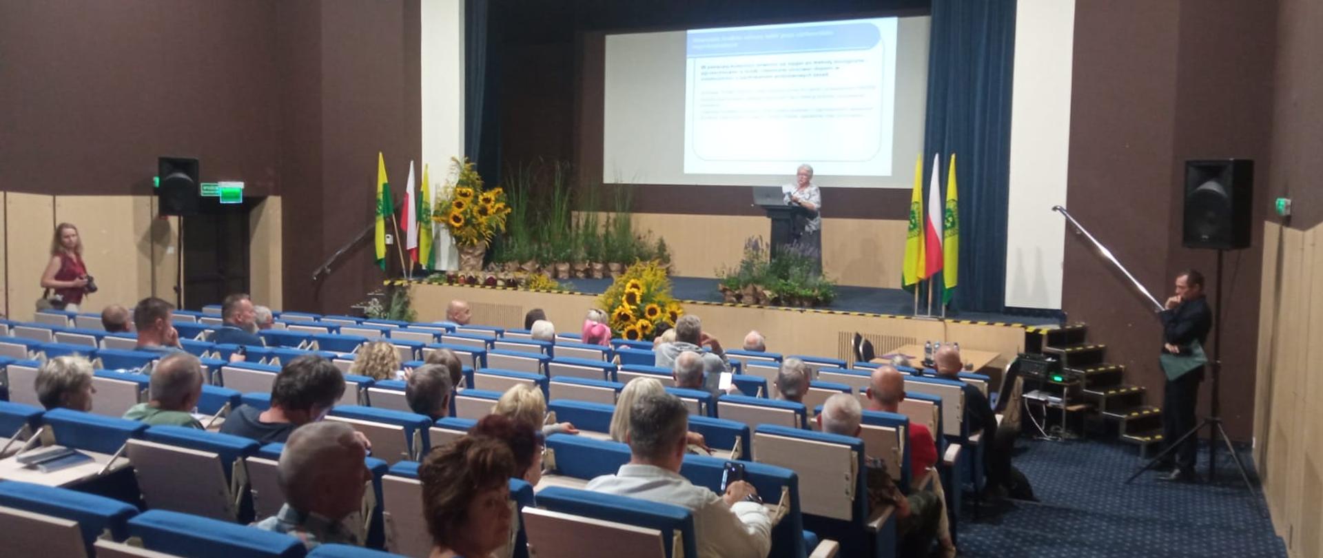 Kobieta stoi przed mównicą za plecami ma prezentację przed nią rzędy słuchaczy w sali kinowej