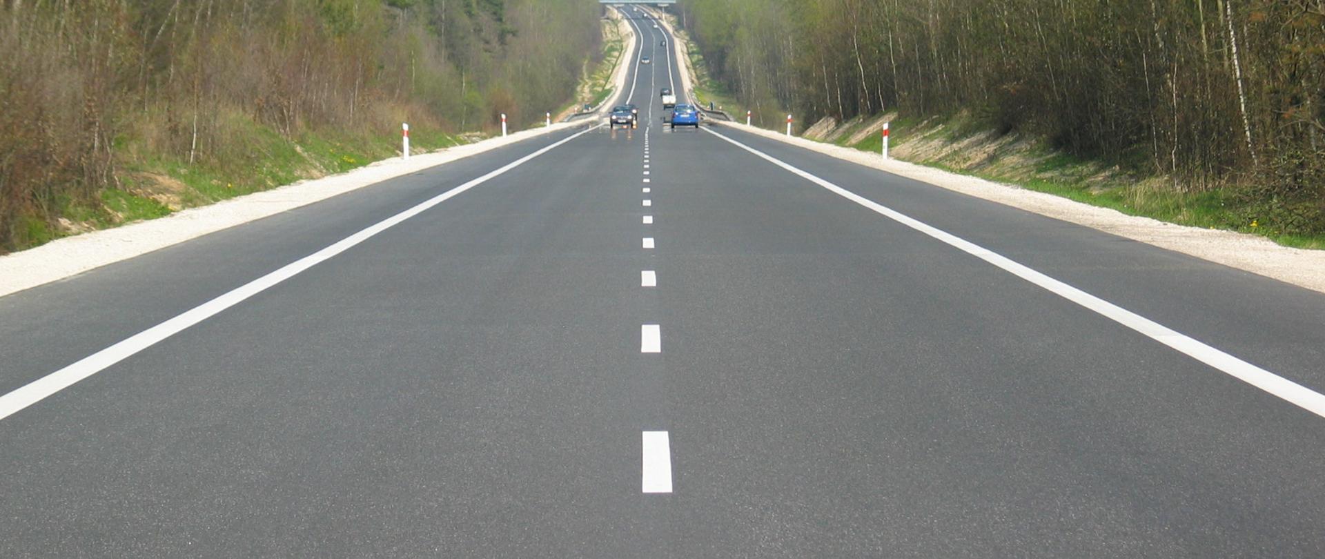 Jednojezdniowa droga asfaltowa z wyraźnym białym oznakowaniem poziomym biegnąca przez las. W oddali jadące samochody.