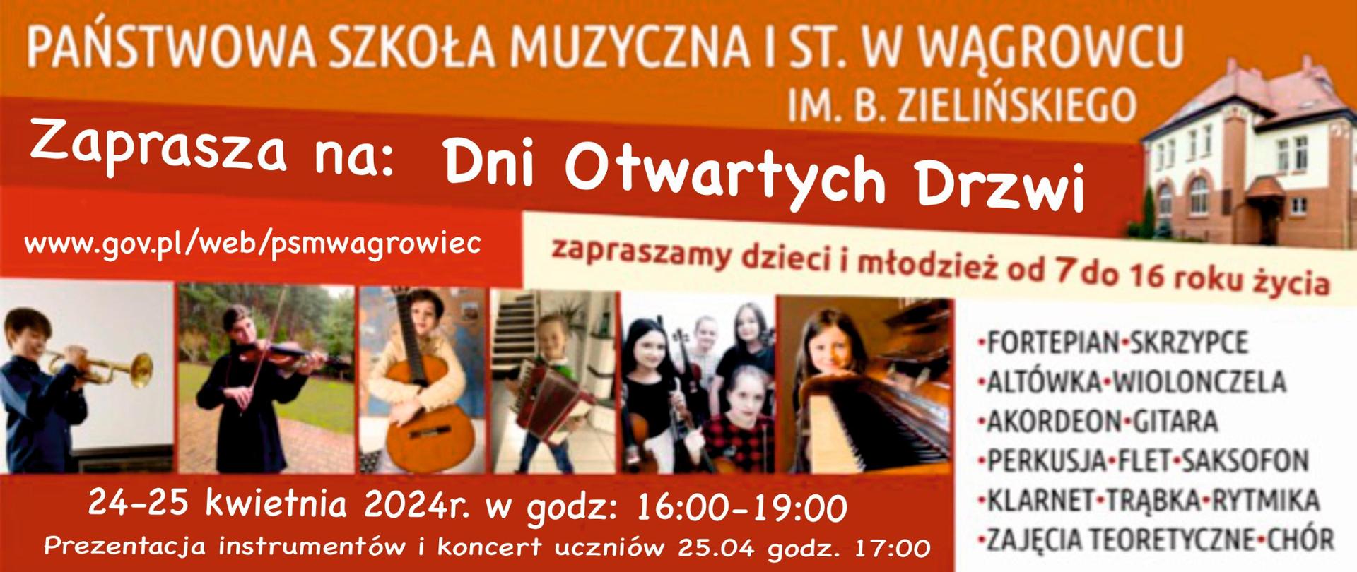 Na banerze w kolorze czerwono, pomarańczowo, kremowym zawarte są informacje dotyczące dni otwartych drzwi 24 i 25 kwietnia w godzinach 16-19 oraz koncercie uczniów 25 kwietnia o godz. 17:00