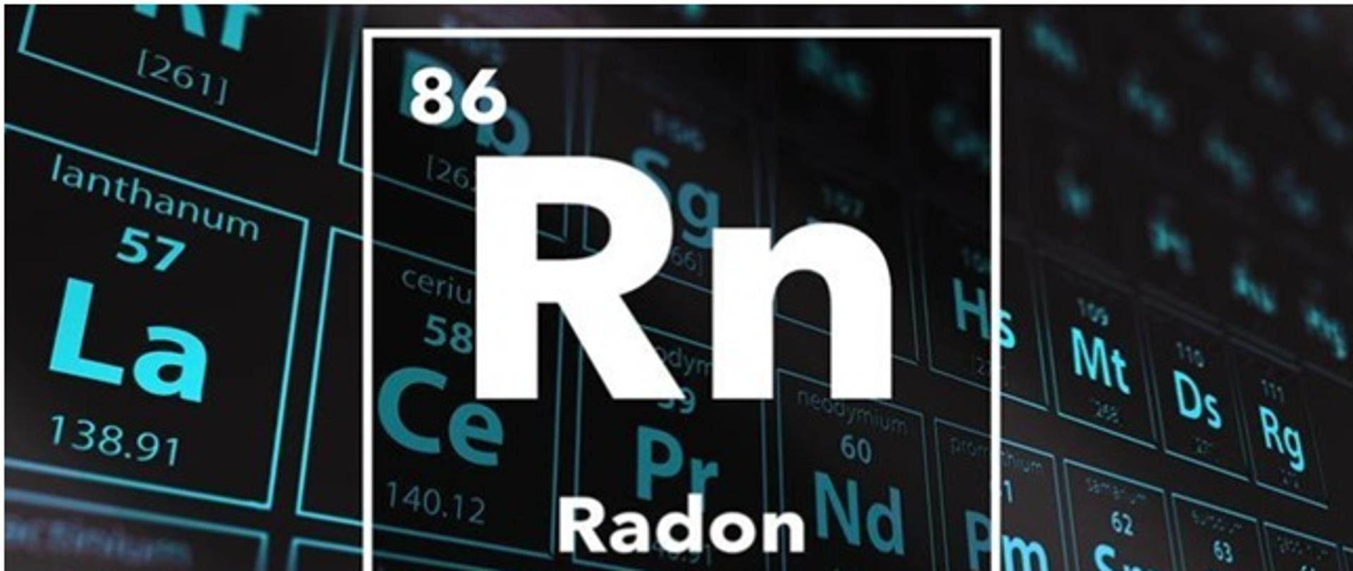 Grafika przedstawia dymbol pierwiasta Radon 222 na tle rablicy pierwiastków Mendelajewa