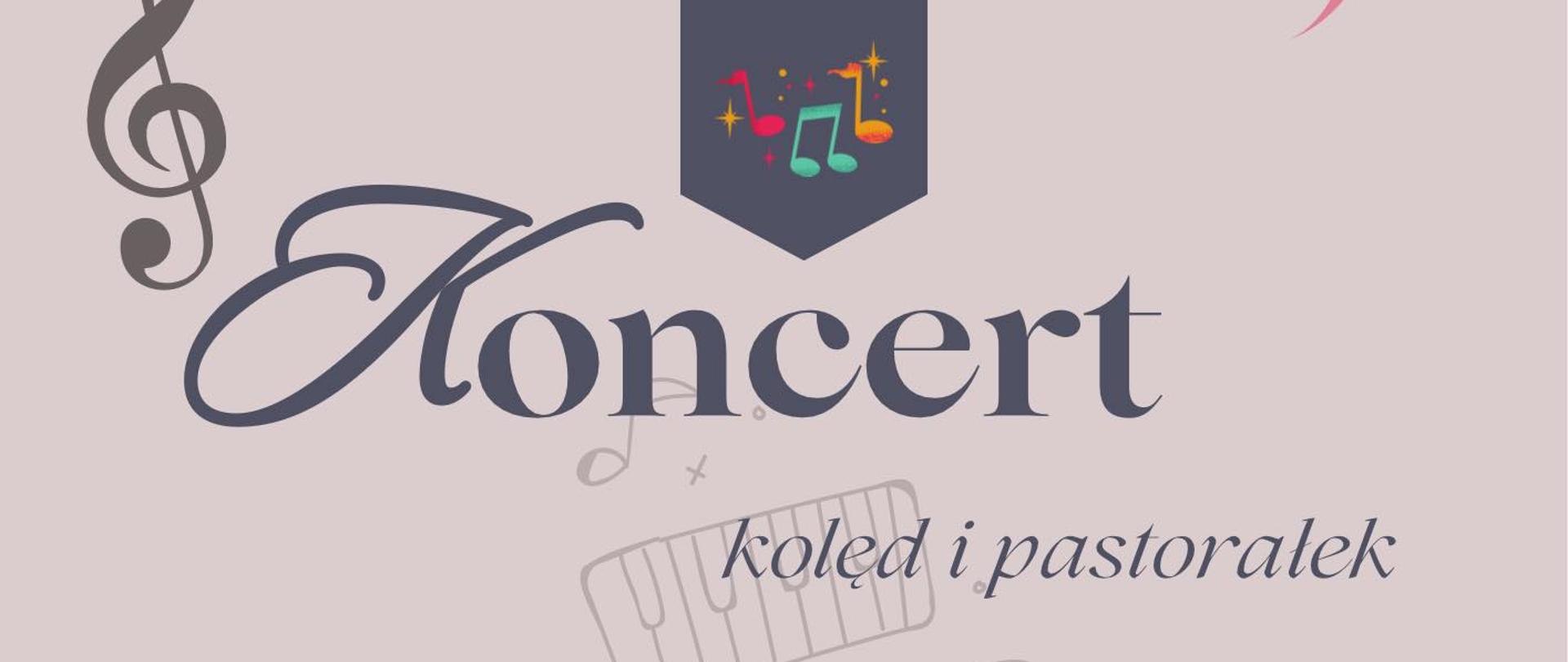 Plakat na jasnofioletowym tle z granatowymi i czarnymi napisami. W tle grafiki pięciolinii, nut i kluczy muzycznych. Na dole granatowa płyta winylowa.