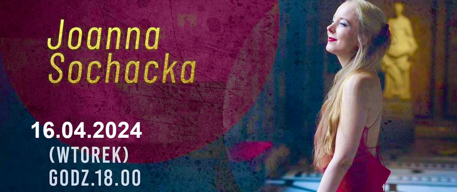 na plakacie Joanna Sochacka w czerwonej sukni. 