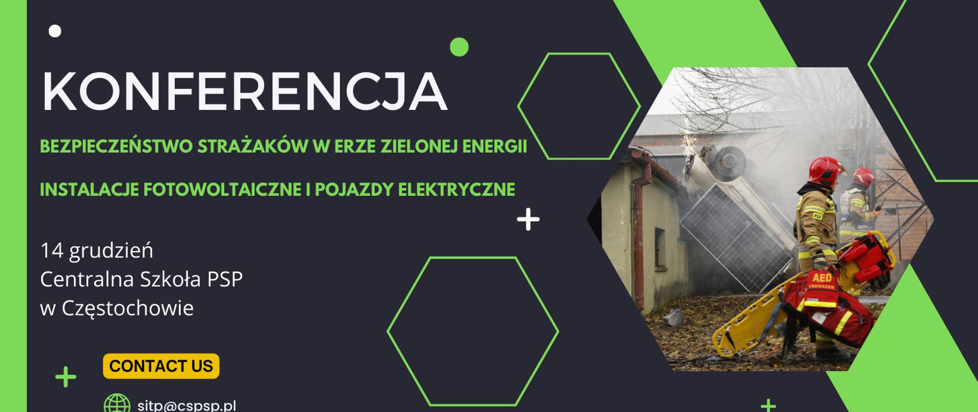 Baner konferencji pod nazwą „Bezpieczeństwo strażaków w erze zielonej energii: instalacje fotowoltaiczne i pojazdy elektryczne”