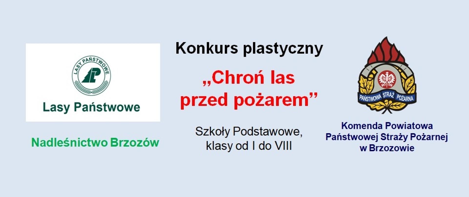 Kolorowy plakat informacyjny na błękitnym tle o konkursie plastycznym pod tytułem Chroń las przed pożarem. Po lewej logo Lasy Państwowe i napis Nadleśnictwo Brzozów. Po prawej logo Państwowej Straży Pożarnej i napis Komenda Powiatowa Państwowej Straży Pożarnej.