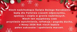 Życzenia świąteczne Komendanta Miejskiego Państwowej Straży Pożarnej w Elblągu na czerwonej kartce ze świątecznymi symbolami