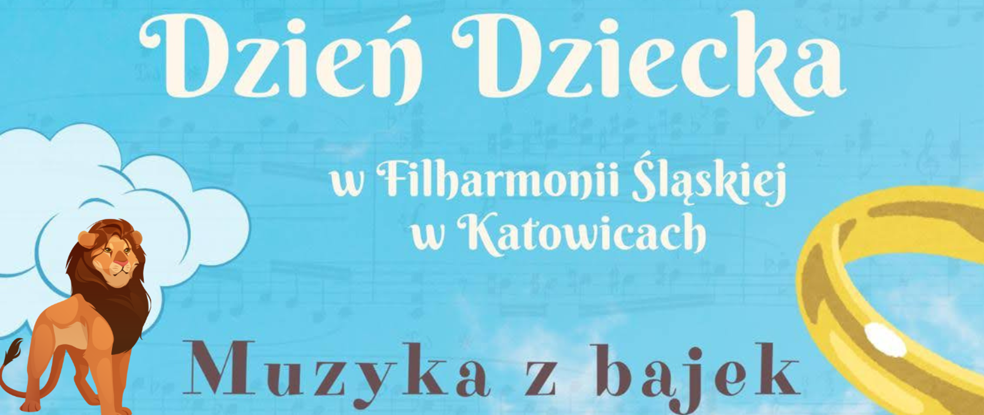baner na niebieskim tle, na środku napis, po lewej ikona lwa