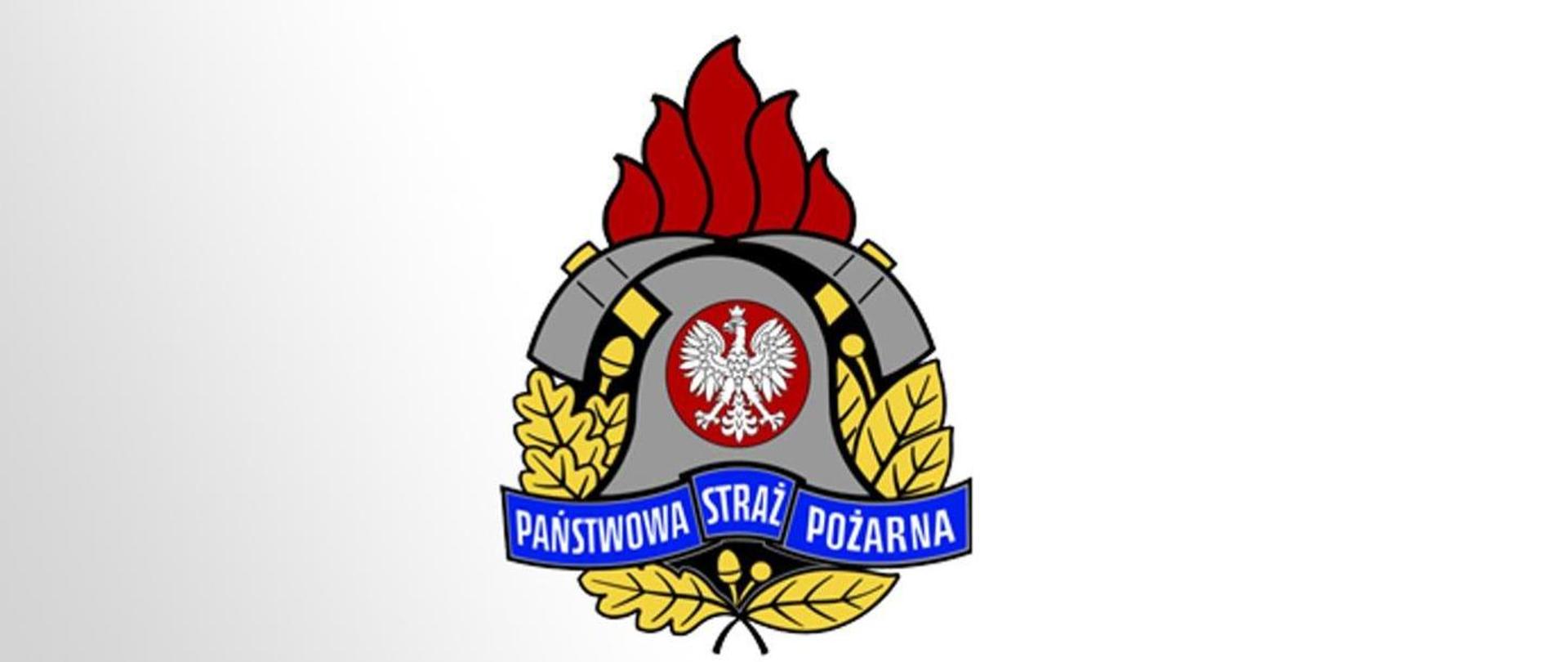 Logo Państwowej Straży Pożarnej - hełm strażacki ze skrzyżowanymi toporkami strażackimi, nad nimi ognik, pod hełmem napis Państwowa Straż Pożarna. W centralnej części loga godło - orzeł biały