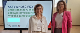 Przedstawicielki Państwowego Powiatowego Inspektora Sanitarnego w Garwolinie na tle sjaldu o aktywności fizycznej.