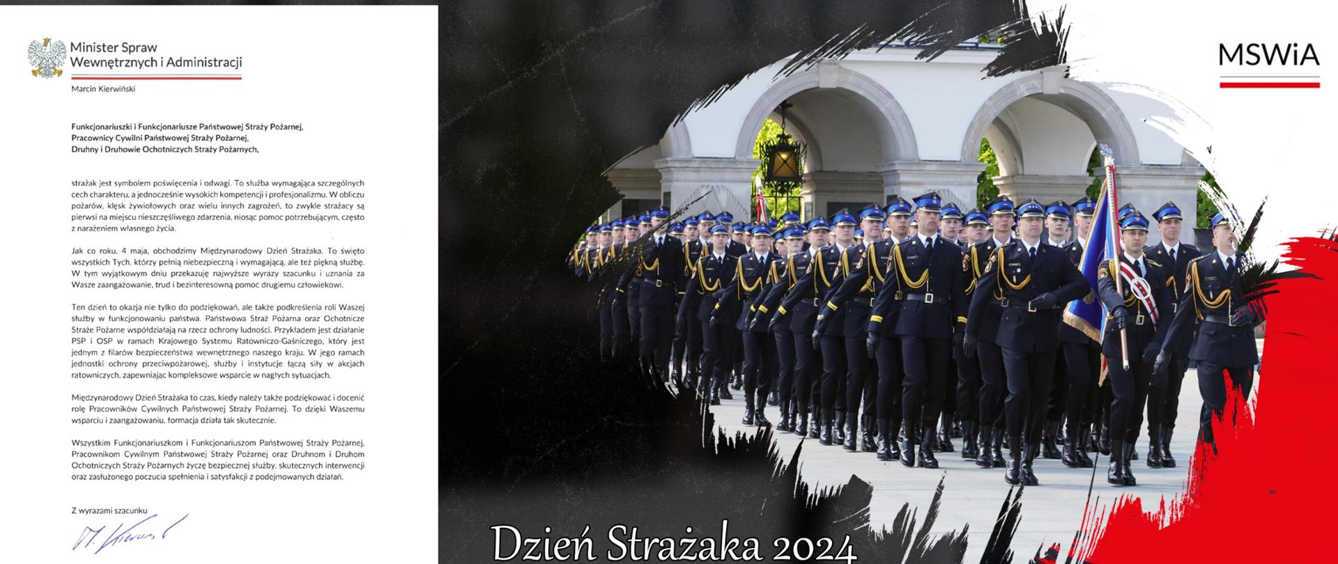 Na zdjęciu widoczny list z życzeniami Ministra Spraw Wewnętrznych i Administracji z okazji Dnia Strażaka napis Dzień Strażaka 2024 Kompania honorowa Państwowej Straży Pożarnej w mundurach galowych koloru granatowego w czapkach rogatywkach ze sztandarem oraz napis MSWiA