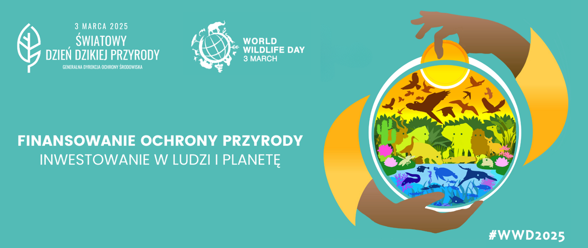 Grafika. Na zielono-niebieskim tle w lewej górnej części grafiki napis: 3 marca 2025 Światowy dzień dzikiej przyrody Generalna Dyrekcja Ochrony Środowiska obok World WildLife day 3 march. Poniżej napis dużą czcionką: Finansowanie Ochrony Przyrody Inwestowanie w ludzi i planetę. Po prawej stronie grafika przedstawia ręce trzymające kulę ziemską. W środku kuli ziemskiej widać rośliny i zwierzęta. Jedna z dłoni jakby trzymała w dłoni monetę, którą chce wrzucić do skarbonki. Ta moneta wygląda jak słońce. W prawym dolnym rogu napis: #WWD2025