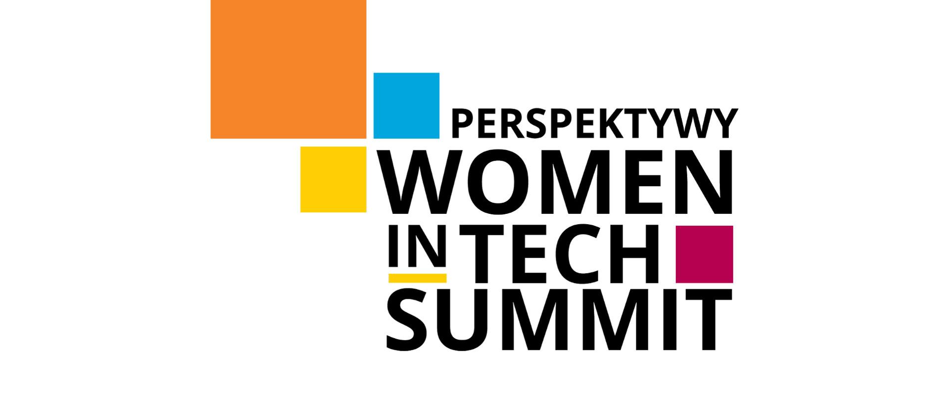 Grafika - kolorowe kwadraty i napis Perspektywy Women in Tech Summit