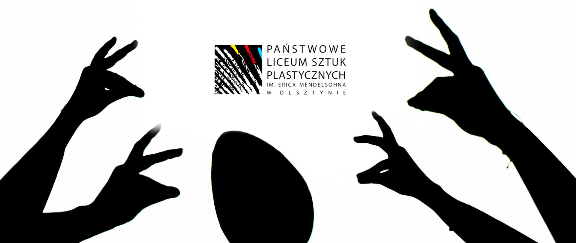 na białym tle czarne dłonie w kształcie zająca i jajko z logo liceum plastycznego