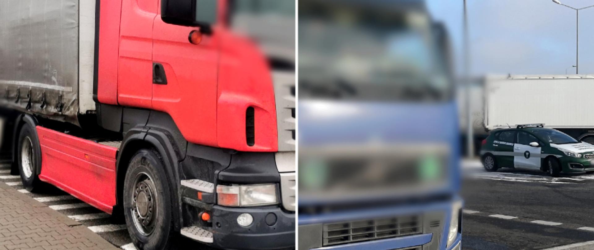 Samochody ciężarowe zatrzymane do kontroli drogowej przez inspektorów świętokrzyskiej ITD. Po lewej pojazd, w którym funkcjonariusze Inspekcji stwierdzili poważne usterki. Po prawej ciężarówka, której kierowca fałszował dane o okresach swojej aktywności. W tle radiowóz Inspekcji Transportu Drogowego.