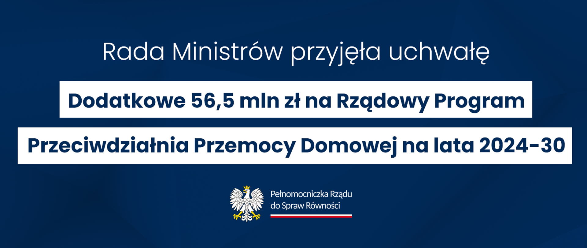 Na grafice znajduje się napis "Rada Ministrów przyjęła uchwałę. Dodatkowe 56,5 mln zł na Rządowy Program Przeciwdziałania Przemocy Domowej na lata 2024-30