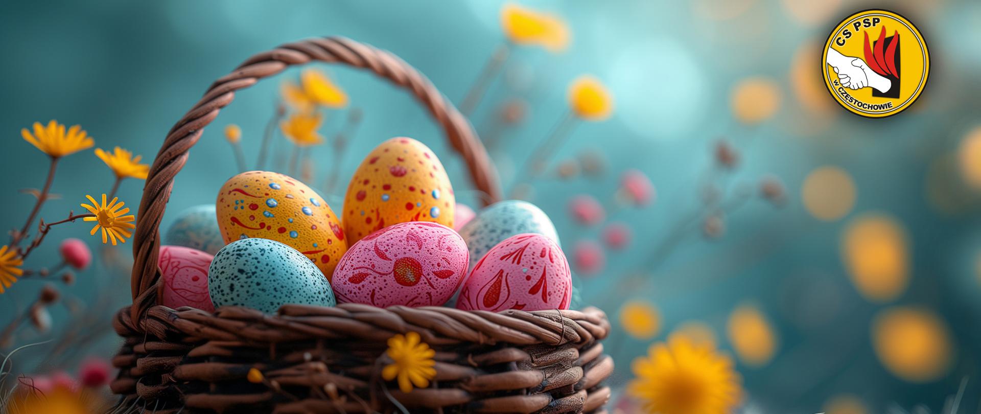 Kartka z okazji Świąt Wielkanocnych, u góry koszyk z kolorowymi pisankami na tle polnych kwiatów, po prawej logo Centralnej Szkoły PSP