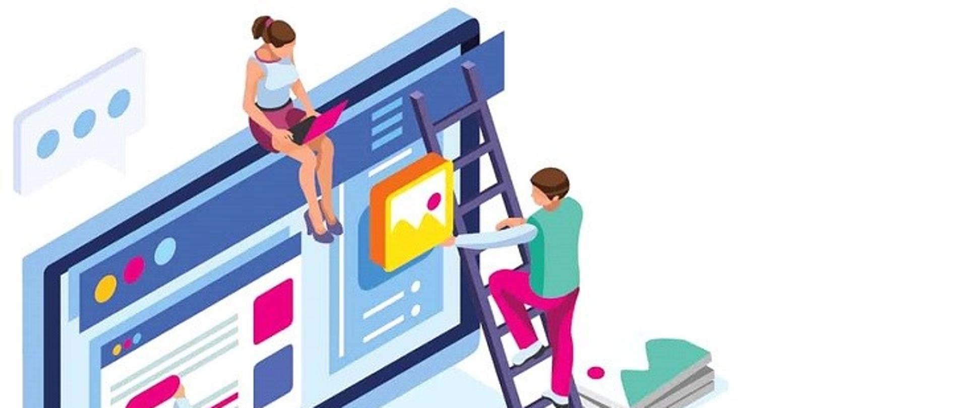 Logo ML Week. Rysunek monitora. Kobieta siedząca na monitorze, mężczyzna wchodzący po drabinie opartej o monitor, drugi mężczyzna stoi przy monitorze, druga kobieta mówi przez megafon. 