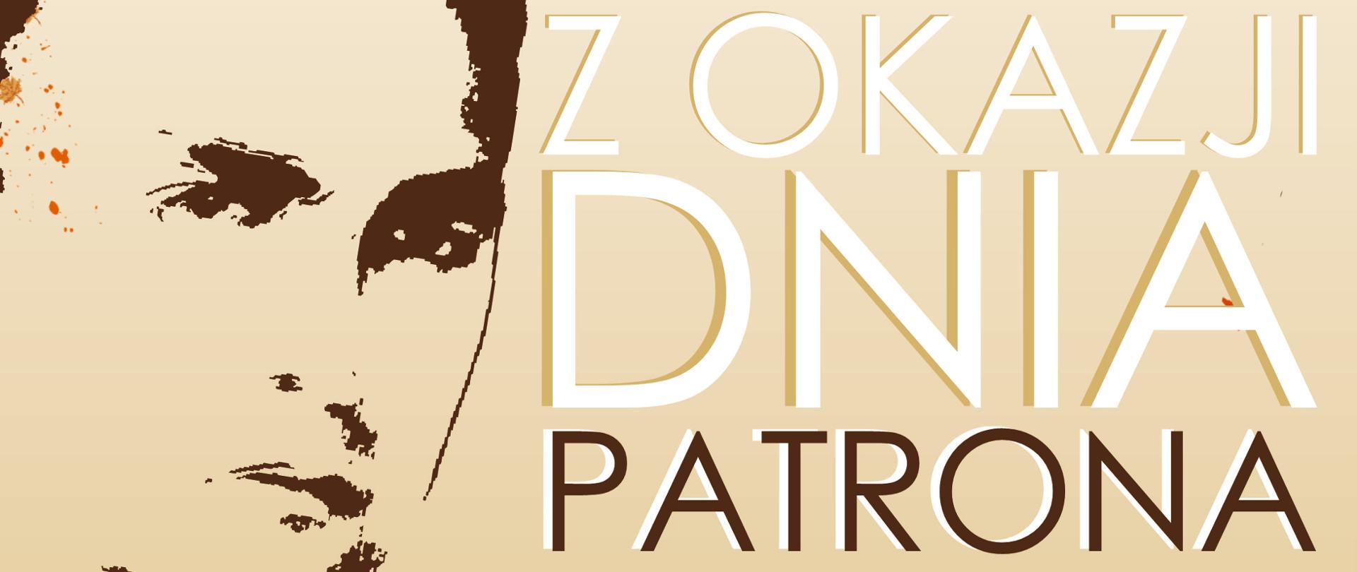 Plakat tło łososiowe u góry ciemna wygięta w łuk gałąź na której jest dużo liści klonowych w kolorze czerwonym złotym i jaśniejszym poniżej z lewej strony grafika przedstawiająca twarz patrona Jerzego Hellera w latach młodości z prawej strony napis koncert z okazji dnia patrona szkoły poniżej napis 16 listopada 2023 godzina 16:30 sala kameralna wstęp wolny