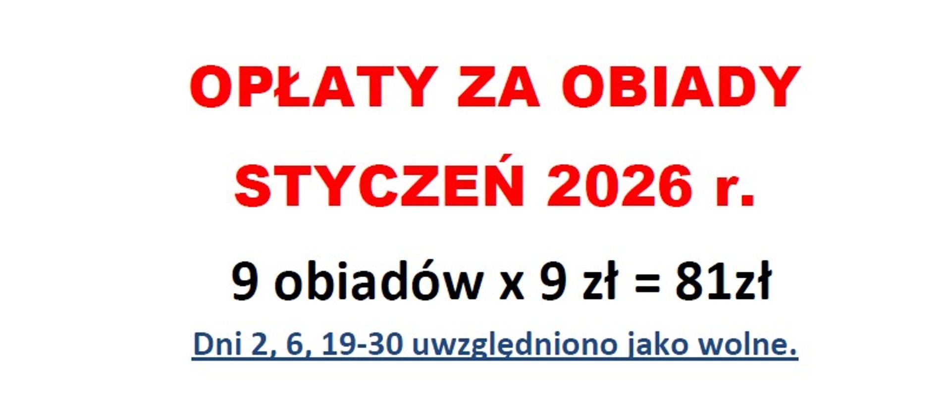 Opłaty za obiady w miesiącu styczeń 2026