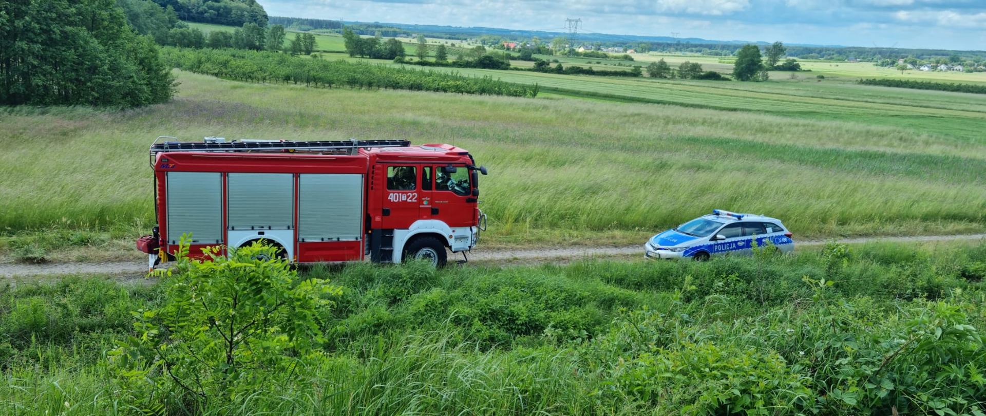 Na pierwszym planie zieleń (trawa, krzewy, drzewo) na drugim planie samochód pożarniczy i radiowóz policyjny stojący na drodze, W tle zieleń, drzewa, trawa, pola, sady.
