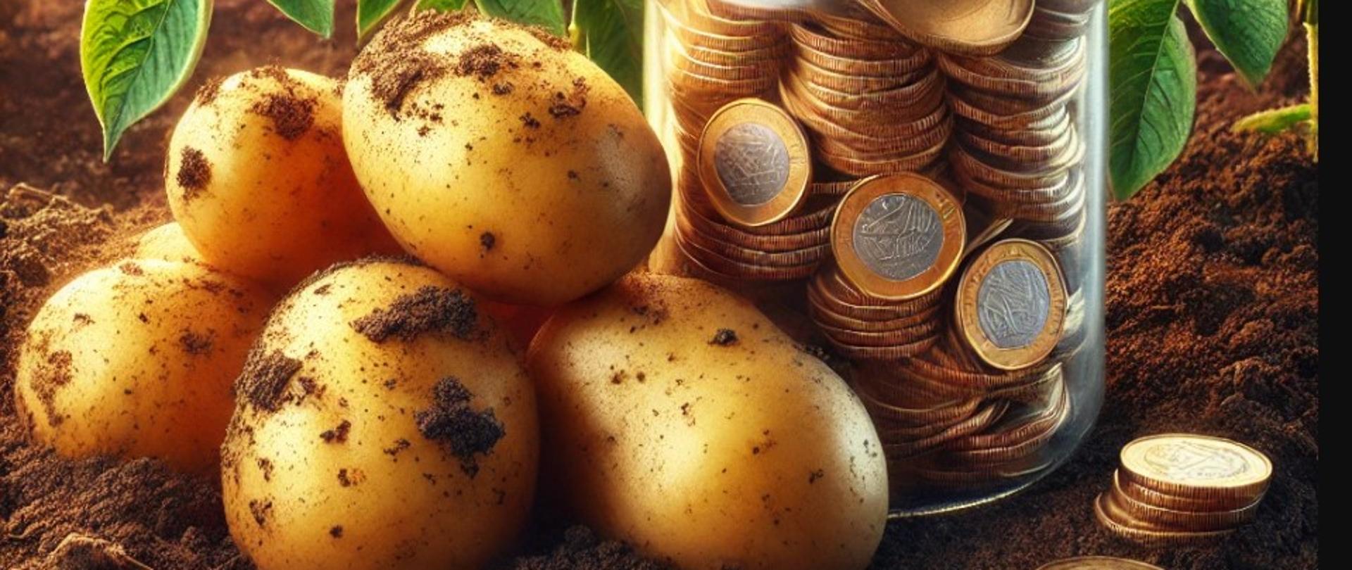 Ilustracja do artykułu. sterta bulw ziemniaków leżąca na ziemi obok słoika wypełnionego drobnymi pieniędzmi, w tle liście i bulwy ziemniaków