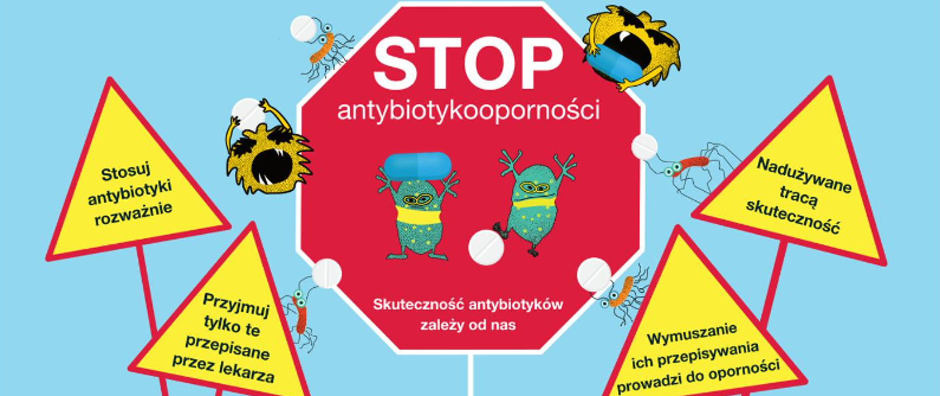 Grafika przedstawia animowane mikroorganizmy oraz hasła o antybiotykach.
