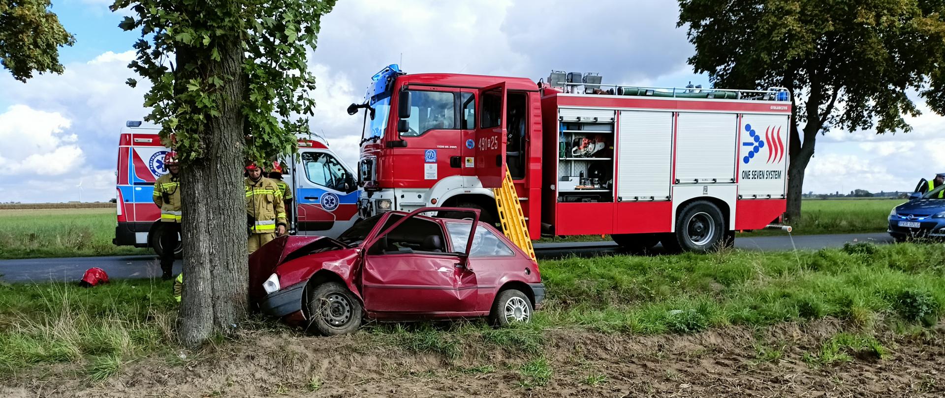 Zdjęcie przedstawia samochód, który stoi w rowie po zderzeniu z drzewem. W tle strażacy wykonujący czynności służbowe oraz samochody służb ratowniczych (Straży Pożarnej, Pogotowia Ratunkowego i Policji).