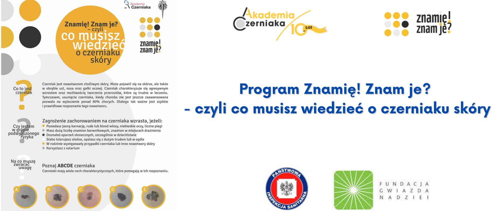 baner do Programu Znamię! Znam je? , na nim ulotka, napis i loga instytucji