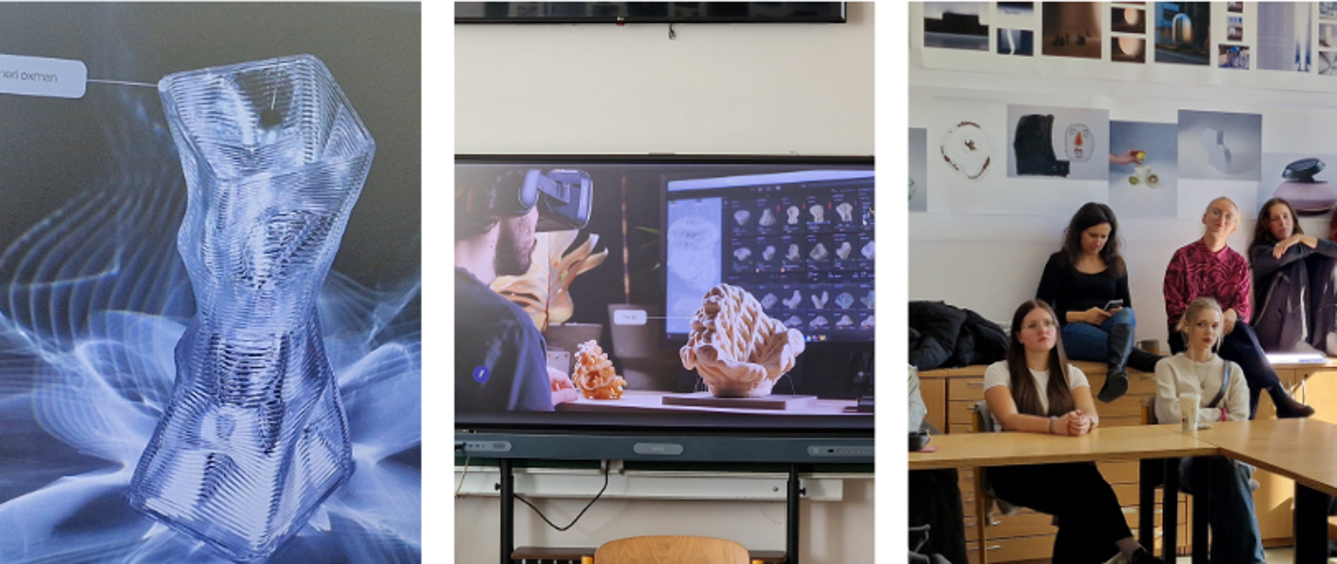 Grafika przedstawia siedem zdjęć dokumentujących przebieg spotkania roboczego programu Erasmus+ które odbyło się w Súkromná škola umeleckého priemyslu w Žilinie na Słowacji. Spotkanie, warsztaty w których brali udział uczniowie i nauczyciele trzech szkół plastycznych z Polski, Słowacji i Czech były poświęcone drukowi 3D i projektowaniu zrównoważonemu. Na zdjęciach widzimy jak uczniowie ze sobą współpracują tworząc na komputerach, rozmawiając, i drukując w 3D. 