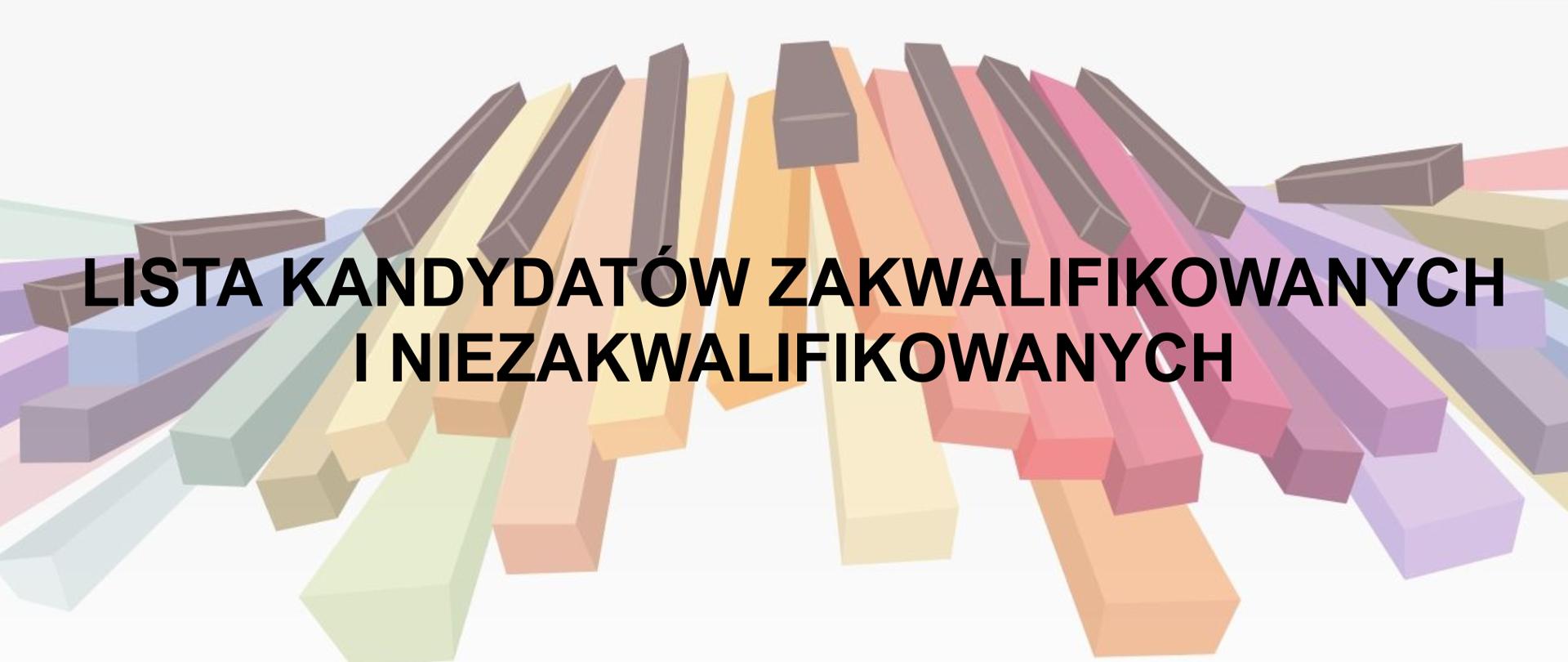 Grafika na białym tle z klawiaturą fortepianu w pastelowych kolorach. Na środku napis lista kandydatów zakwalifikowanych i niezakwalifikowanych.