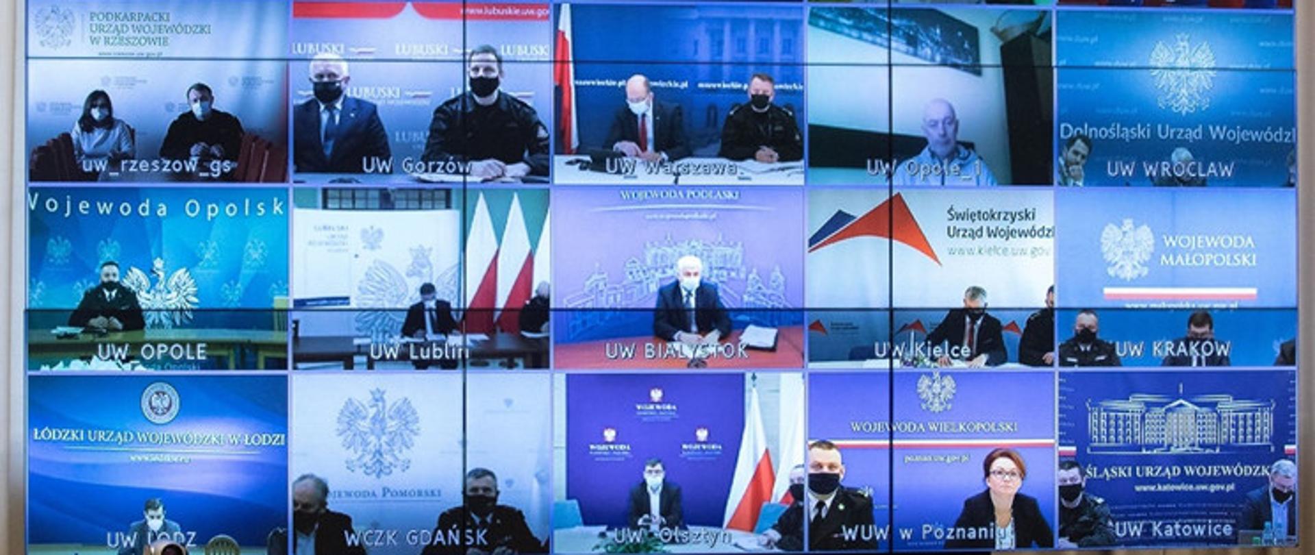 widok kilkunastu wojewodów w formie wideokonferencji
