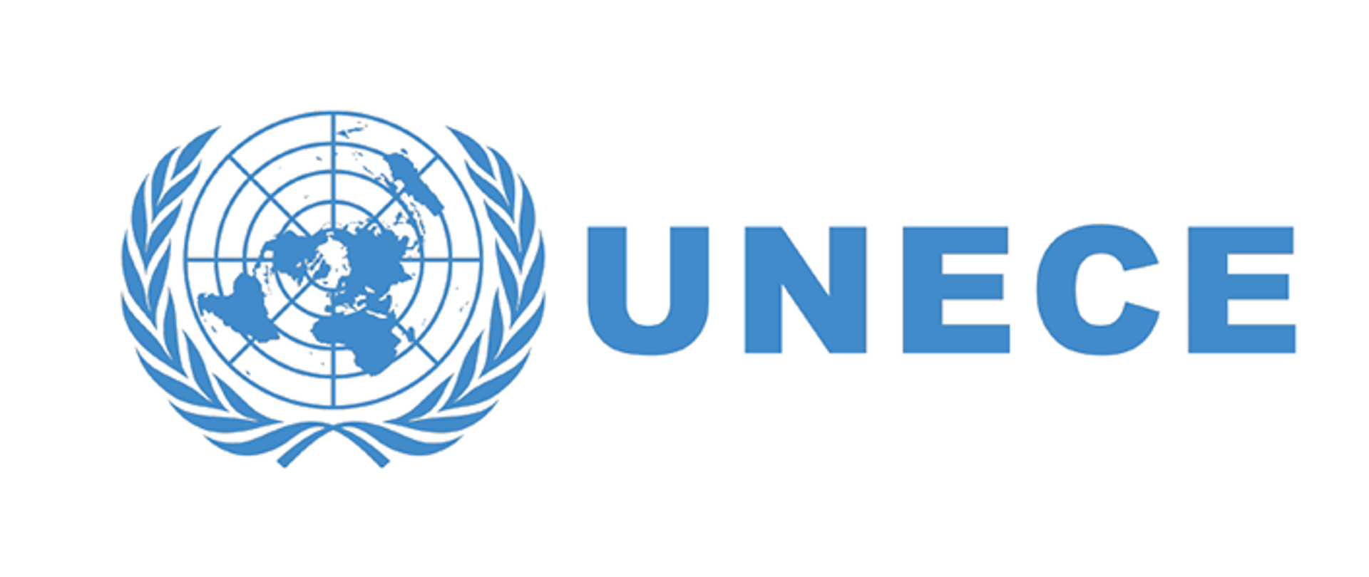 Logo UNECE - graficzne przedstawienie mapy świata wpisanej w dwa kłosy z prawej i lewej strony map i napis UNECE
