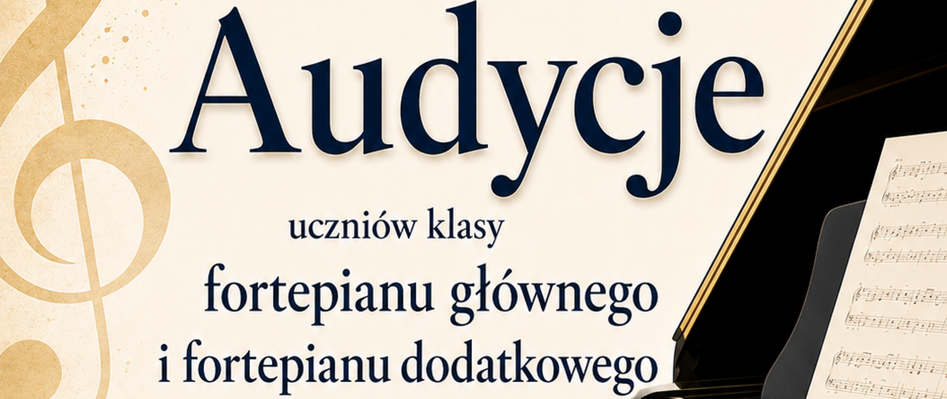 Plakat w pionie informujący o audycji uczniów klasy fortepianu głównego i dodatkowego p.Zofii Antes oraz p. Wiesława Mieczkowskiego, która odbędzie się 27 maja 2026 o godz. 17.00. Plakat w kolorystyce jasnych beży. Z prawej strony klucz wiolinowy oraz pięciolinia z nutami. Po środku plakatu informacje dotyczące wydarzenia, miejsca i godziny. Z prawej strony plakatu duża grafika fortepianu.