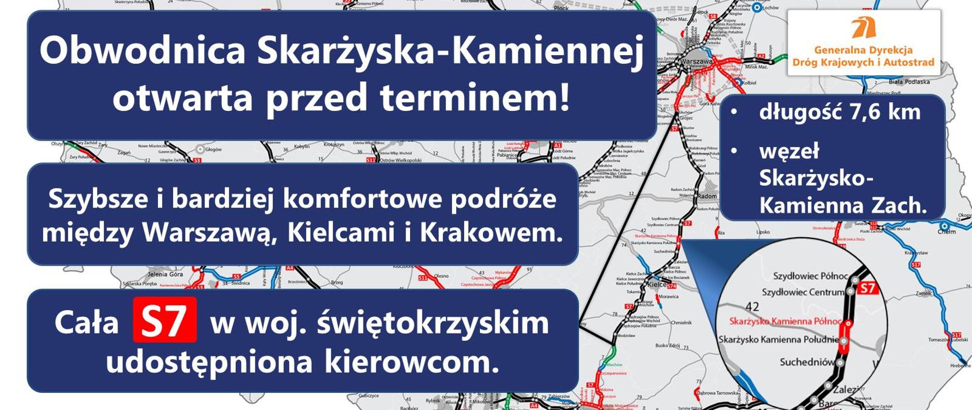 Grafika przedstawia odcinek drogi ekspresowej S7 na granicy województwa mazowieckiego i świętokrzyskiego