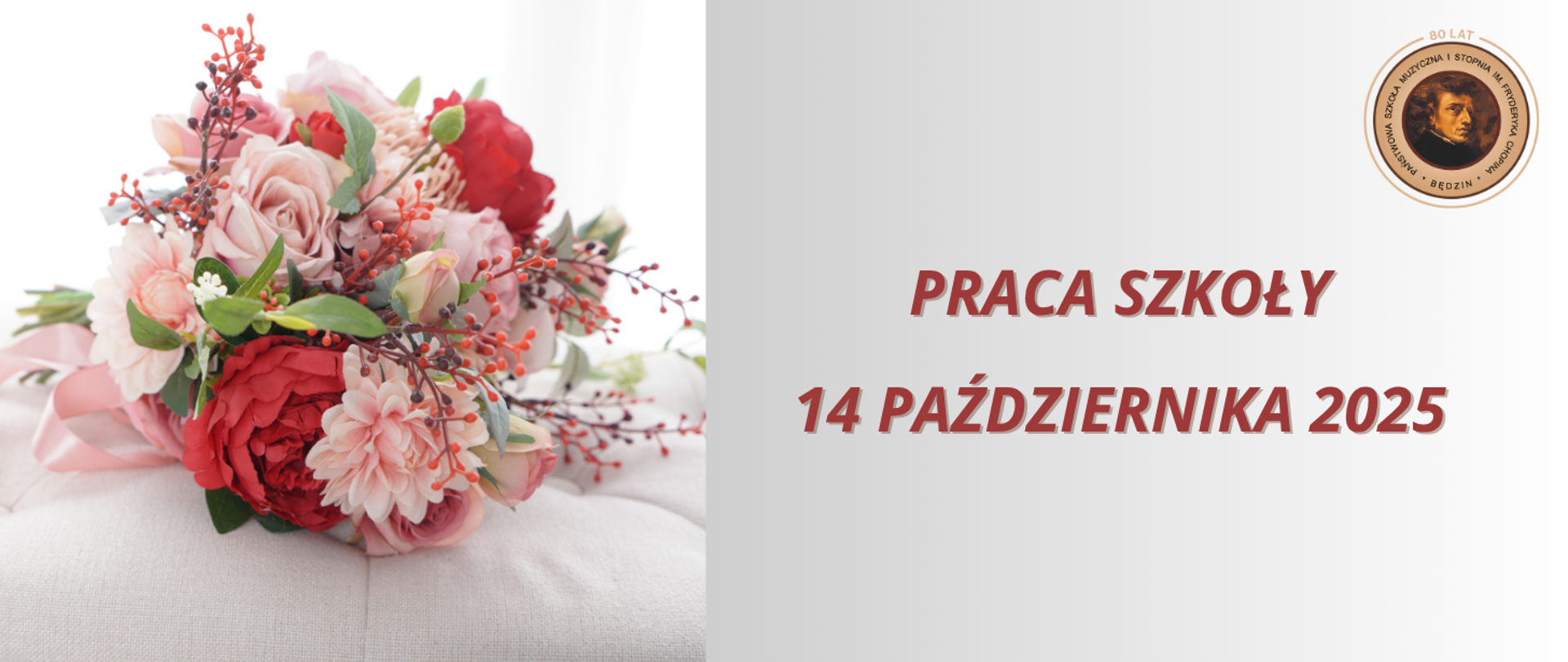 baner na szarym tle, po lewej bukiet kwiatów, po prawej logo szkoły