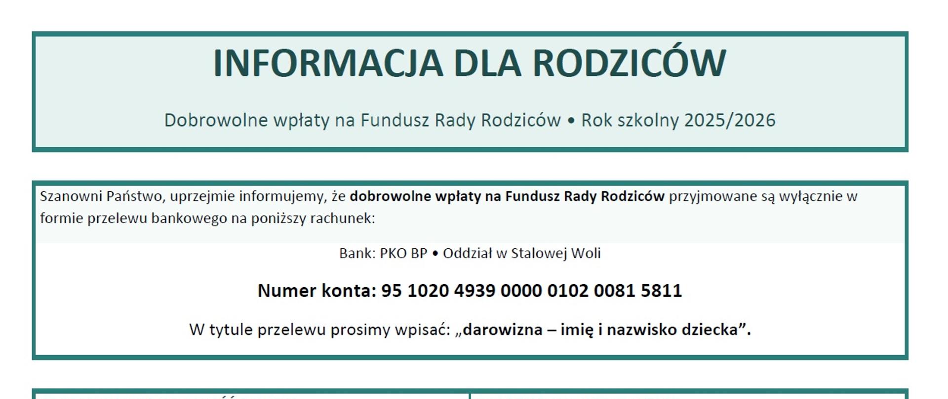 Grafika informacyjna dla rodziców dotycząca dobrowolnych wpłat na Fundusz Rady Rodziców w roku szkolnym 2025/2026 w Państwowej Szkole Muzycznej I i II stopnia w Stalowej Woli. Zawiera numer konta PKO BP 95 1020 4939 0000 0102 0081 5811 oraz informację, by w tytule przelewu wpisać „darowizna - imię i nazwisko dziecka”. Proponowana wysokość składki wynosi 250 zł za pierwsze dziecko, 150 zł za drugie, a trzecie i kolejne dzieci są zwolnione z opłaty. Wskazano możliwe formy wpłaty: jednorazowo 250 zł, w dwóch ratach - 130 zł za pierwszy semestr i 120 zł za drugi - lub miesięcznie po 25 zł. Na dole zamieszczono podziękowanie za wsparcie działań Rady Rodziców.