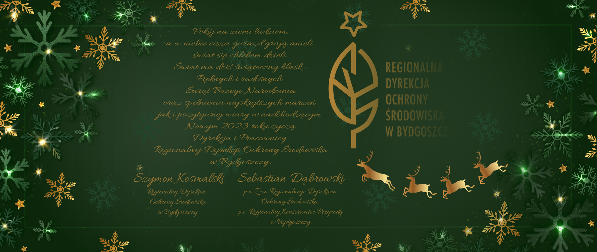 Na zielonym tle gwiazdki i życzenia Pięknych, radosnych Świąt Bożego Narodzenia jak i pozytywnej wiary w nadchodzącym Nowym 2023 roku życzą Dyrekcja i pracownicy RDOŚ