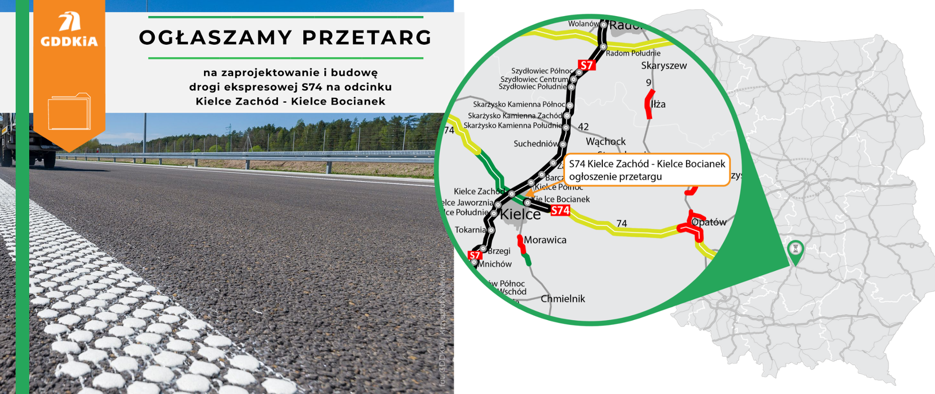 S74 przejście przez Kielce - infografika z informacją o ogłoszeniu przetargu na realizację inwestycji i mapką pokazującą umiejscowienie odcinka 